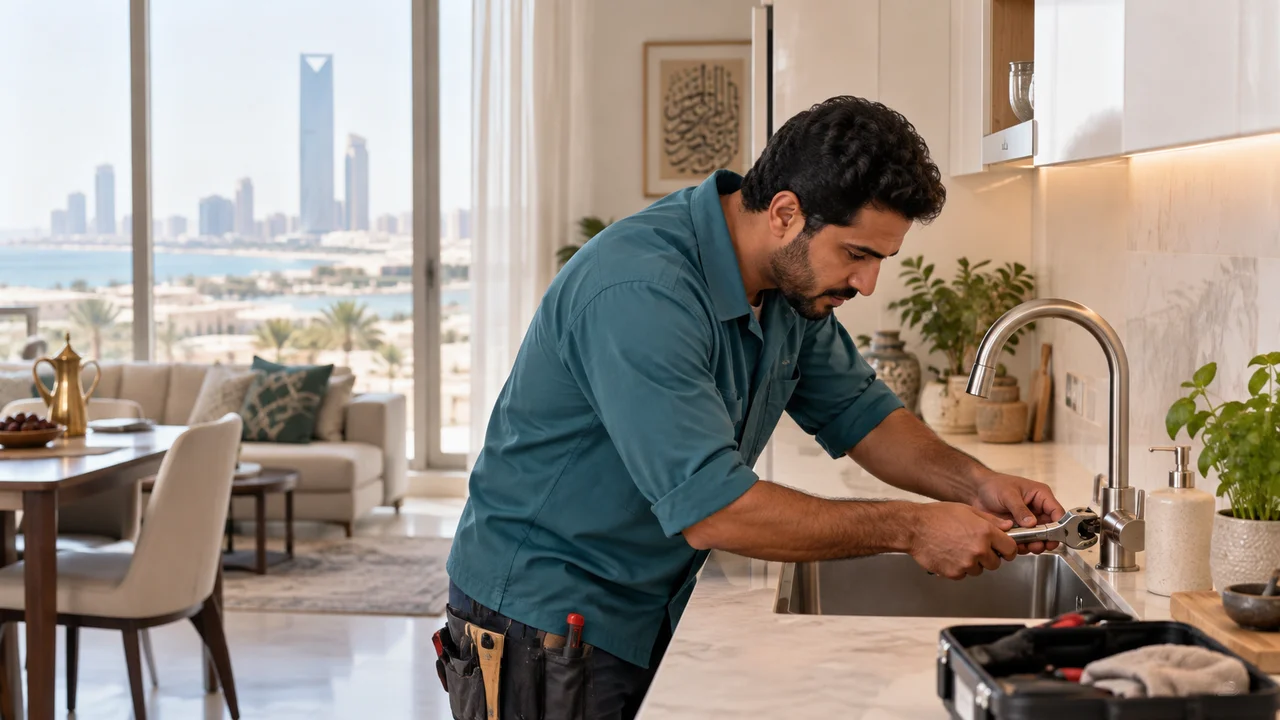 فني صيانة يعمل في مطبخ عصري